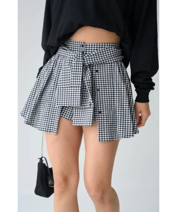 İki Renkli Gömlek Bağlamalı Şort - Siyah-Beyaz