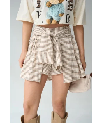 İki Renkli Gömlek Bağlamalı Şort - Vizon-Kahve