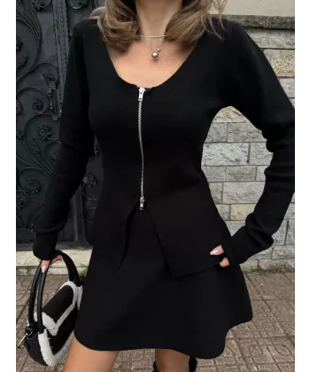 İkili Fermuarlı Hırkalı Etekli Takım - Siyah