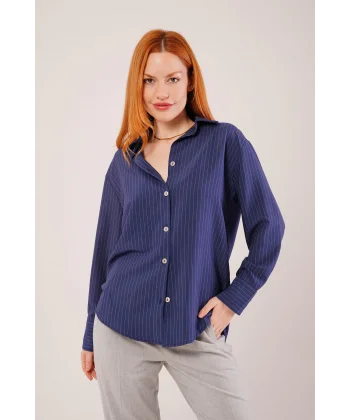 İnce Çizgi Detaylı acivert Gömlek