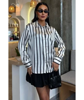 İnce Çizgili Saten Gömlek 3434