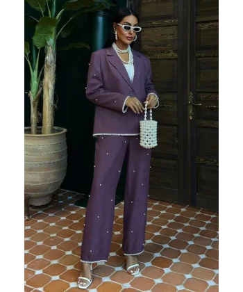 İnci Detaylı Ceket Pantolon Keten Takım 10124