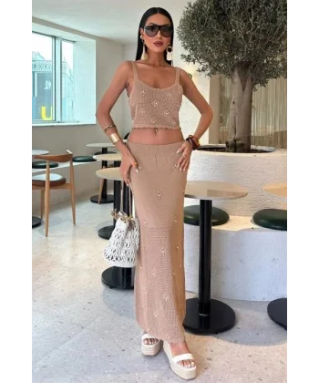 İnci Ve Çiçek Detaylı Büstiyerli Triko Takım 10100