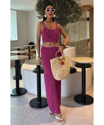 İnci Ve Çiçek Detaylı Büstiyerli Triko Takım 10100