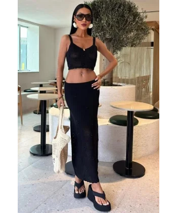 İnci Ve Çiçek Detaylı Büstiyerli Triko Takım 10100