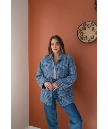 İndigo Düğmeli Ekoseli Kaban