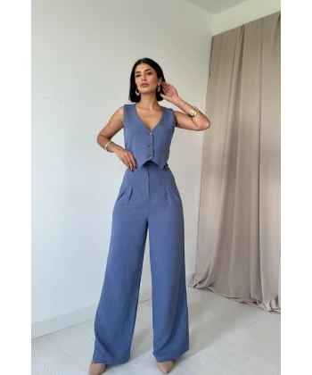İndigo Önü Düğmeli Yelek Ve Pantolon Takım