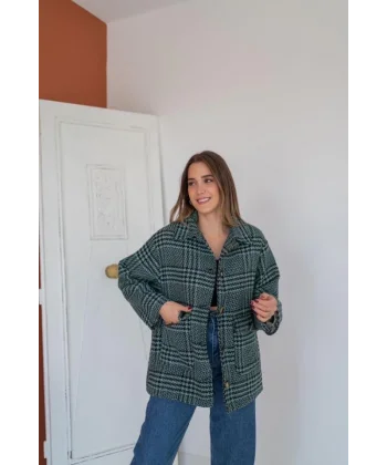 int Düğmeli Ekoseli Kaban