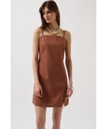 İp Askılı Yırtmaç Detay Keten Mini Elbise