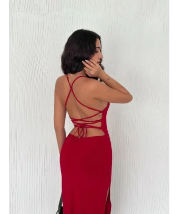 ırt Bağlamalı Derin Yirtmaç Askılı Elbise  Kırmızı