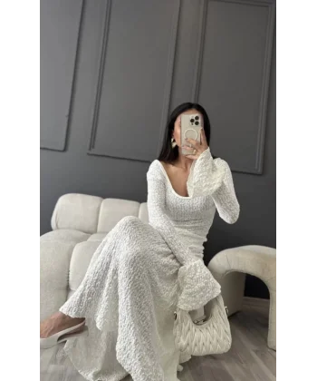 ırt Dekolteli Çan Kollu Gibeli Uzun Elbise  Beyaz