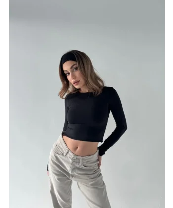 ırt Dekoltelı Uzun Kollu Crop  iyah