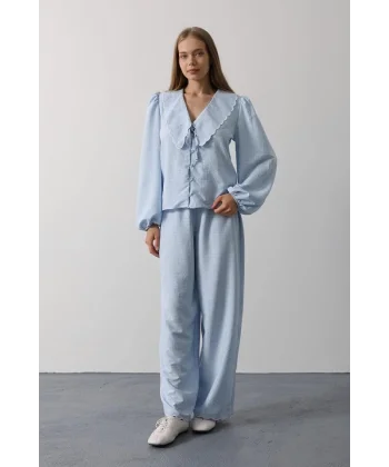 İşlemeli Bebe Yakalı Pantolon Takım - Bebe Mavisi