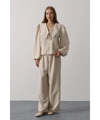 İşlemeli Bebe Yakalı Pantolon Takım - Taş