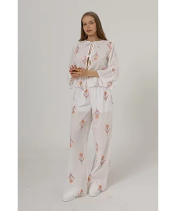 İşlemeli Oversize Pantolon - Beyaz