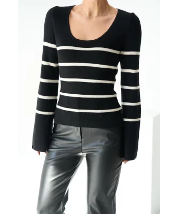İspanyol Kol Çizgili Kazak  SiyahAçık Krem