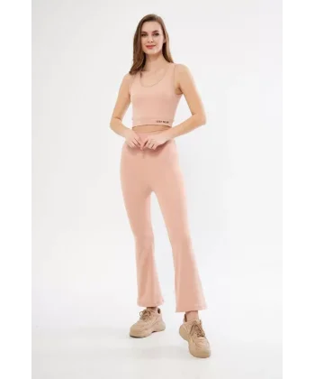 İspanyol Paça Taytli Croplu Takım  Bej