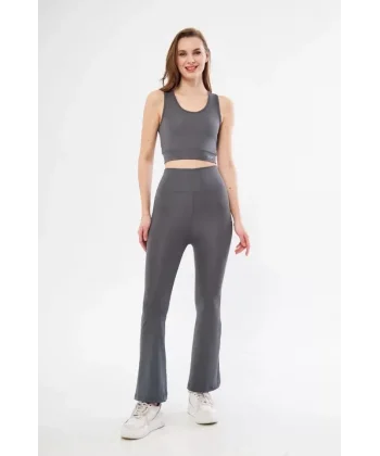 İspanyol Paça Taytli Croplu Takım - Füme