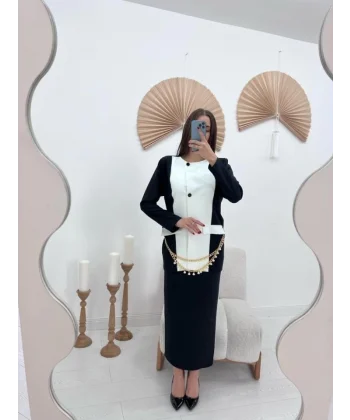 iyah Atlas Kumaş Garnili Ceket Ve Etek Takım