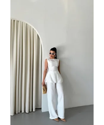 JAKAR KETEN KOLSUZ BLUZ-PANTOLON TK - Beyaz