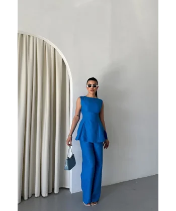 JAKAR KETEN KOLSUZ BLUZ-PANTOLON TK - Mavi