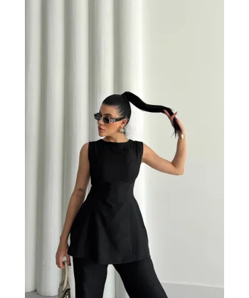 JAKAR KETEN KOLSUZ BLUZ-PANTOLON TK - Siyah