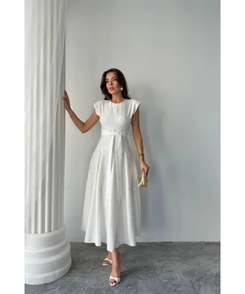 JAKAR KETEN VATKALI ELBİSE - Beyaz