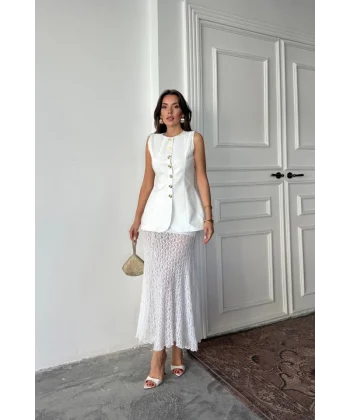 JAKAR KETEN YELEK BELDEN OTURTMALI GOLD DÜĞMELİ - Beyaz