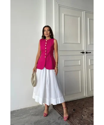 JAKAR KETEN YELEK BELDEN OTURTMALI GOLD DÜĞMELİ - Fuşya