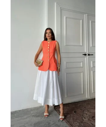 JAKAR KETEN YELEK BELDEN OTURTMALI GOLD DÜĞMELİ - Orange