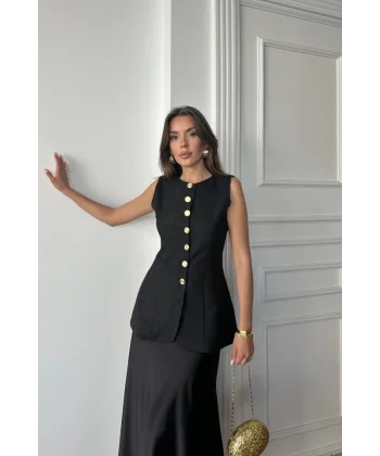 JAKAR KETEN YELEK BELDEN OTURTMALI GOLD DÜĞMELİ - Siyah