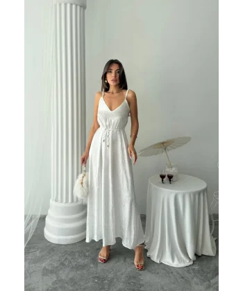 JAKAR SATEN DEGAJE ASKILI ELBİSE İP KEMERLİ - Beyaz