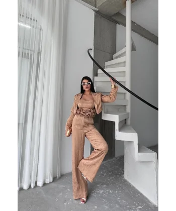 JAKARLI BLUZU TASARIM DETAYLI CEKET-PANTOLON-BLUZ 3 LÜ TAKIM - Bej