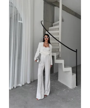 JAKARLI BLUZU TASARIM DETAYLI CEKET-PANTOLON-BLUZ 3 LÜ TAKIM - Beyaz