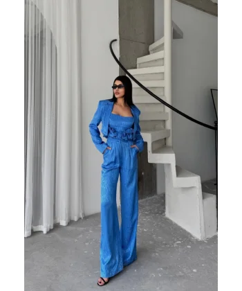 JAKARLI BLUZU TASARIM DETAYLI CEKET-PANTOLON-BLUZ 3 LÜ TAKIM - Mavi