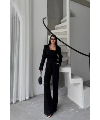 JAKARLI BLUZU TASARIM DETAYLI CEKET-PANTOLON-BLUZ 3 LÜ TAKIM - Siyah