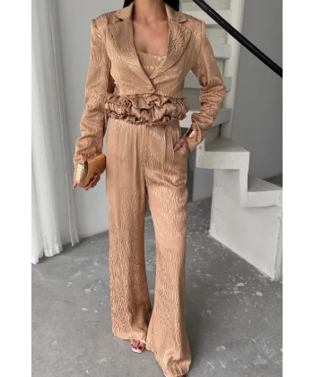 JAKARLI BLUZU TASARIM DETAYLI CEKET PANTOLON VE BLUZ 3 LÜ TAKIM