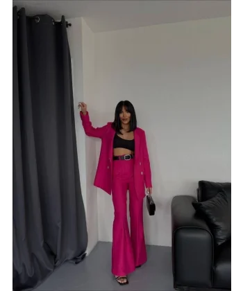 JAKARLI CEKET - PİLE DETAYLI PANTOLON TAKIM - Fuşya