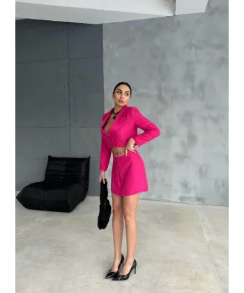 JAKARLI CROP CEKET-KISA ETEK KAPALI PİLE METAL KEMER DETAYLI - Fuşya