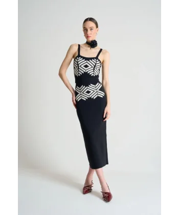 Jakarlı İnce Askılı  Triko Takım  SiyahBeyaz Kayısı