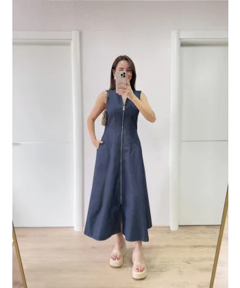 Jeans Kot Önü Tam Fermuarlı Kadın Uzun Elbise - Mavi