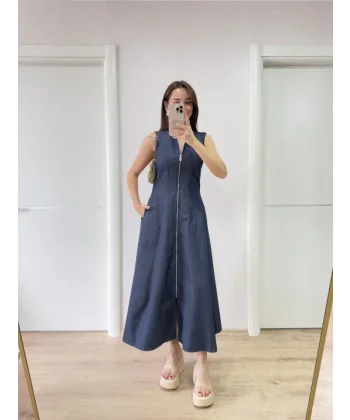 Jeans Kot Önü Tam Fermuarlı Uzun Elbise - Mavi