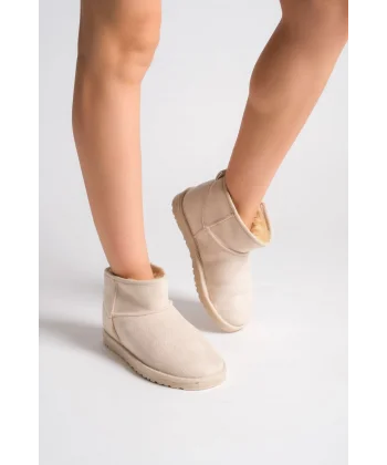 JOLIE Bağcıksız Düz Taban İçi Kürklü Kısa Süet Kadın Bot SKT - Krem