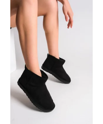 JOLIE Bağcıksız Düz Taban İçi Kürklü Kısa Süet Kadın Bot SST - Siyah