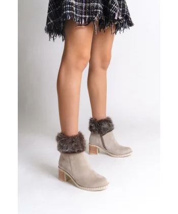 JULIA Fermuarlı Ortopedik Taban Tüylü Topuklu Süet Kadın Bot SKT - Krem