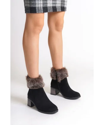 JULIA Fermuarlı Ortopedik Taban Tüylü Topuklu Süet Kadın Bot  SST - Siyah