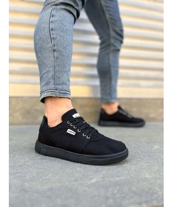 JY0118 REX Bağcıklı Keten Kumaş Erkek Günlük Sneaker Ayakkabı KST - Siyah