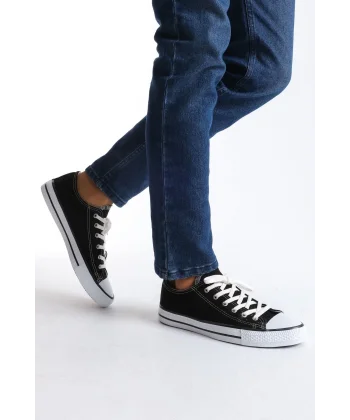 JY0422 Luke Bağcıklı Keten Kumaş Erkek Günlük Sneaker Ayakkabı KBT - Siyah