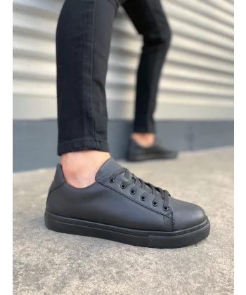JY122 Mode Bağcıklı Cilt Erkek Günlük Sneaker Ayakkabı CST - Siyah