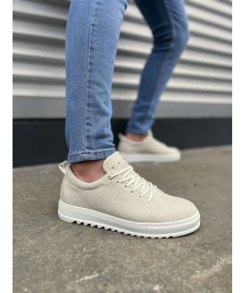 JY152 Cool Bağcıklı Keten Erkek Günlük Spor Klasik Ayakkabı KBT - Beyaz